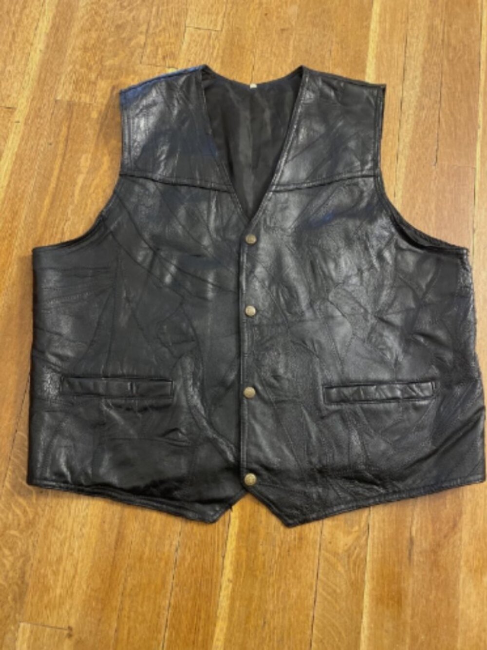 Genuine Leather Button-Up Vest, Black Textured Patchwork - Size Medium
